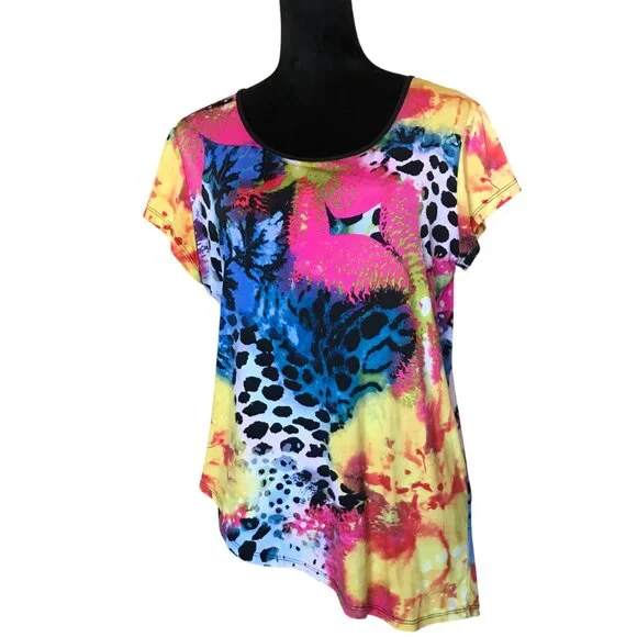 Nygard Faux Wrap Uneven Hem Blouse: Colorful Lightweight Silky Feeling Top M - Picture 1 of 11